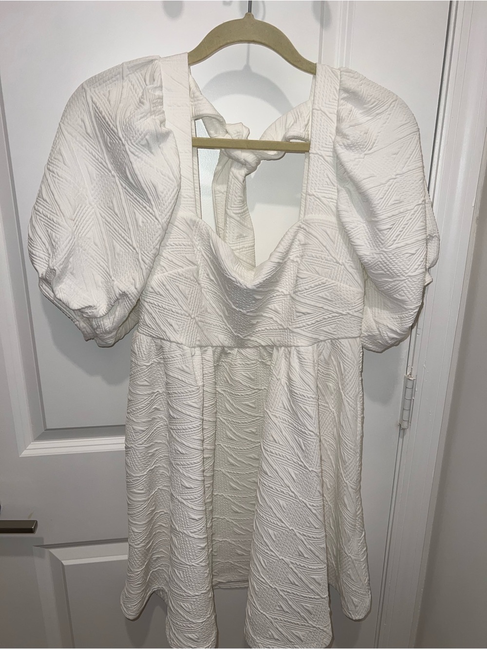Free People White Textured White Puff Sleeve Mini Dress